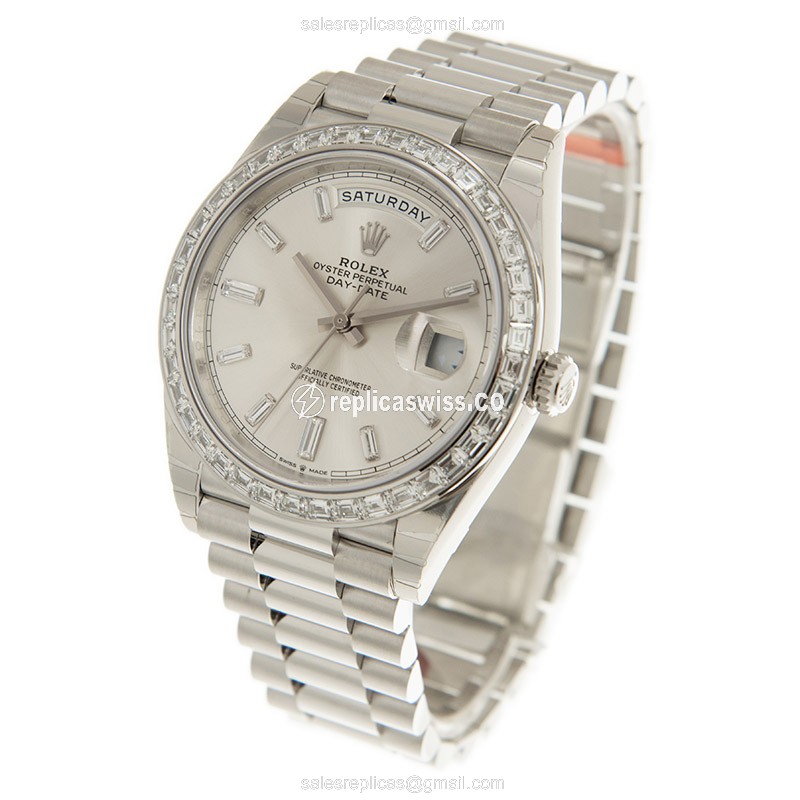 Rolex DAY-DATE Replica - Automatic - 950 Platinum Case - Silver Dial, Diamond Clasp - View 3
