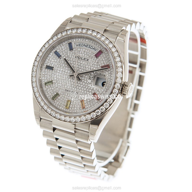 Rolex DAY-DATE Replica - Automatic - 18kt White Gold Case - Silver Dial - Diamond Clasp - View 3