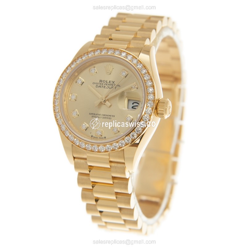 Rolex Lady Datejust Replica - Automatic - 18kt Gold - Diamond Dial - Gold Clasp - View 3