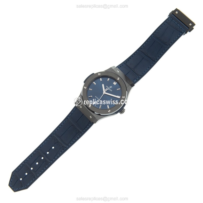 Hublot Classic Fusion Replica - Automatic - Ceramic Case - Blue Dial - Blue Alligator Strap - View 2