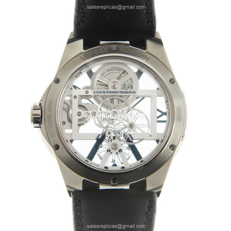 Ulysse Nardin 3713-260/03 Replica - Manual Wind - Titanium Case - Transparent - Blue Leather Strap - View 3