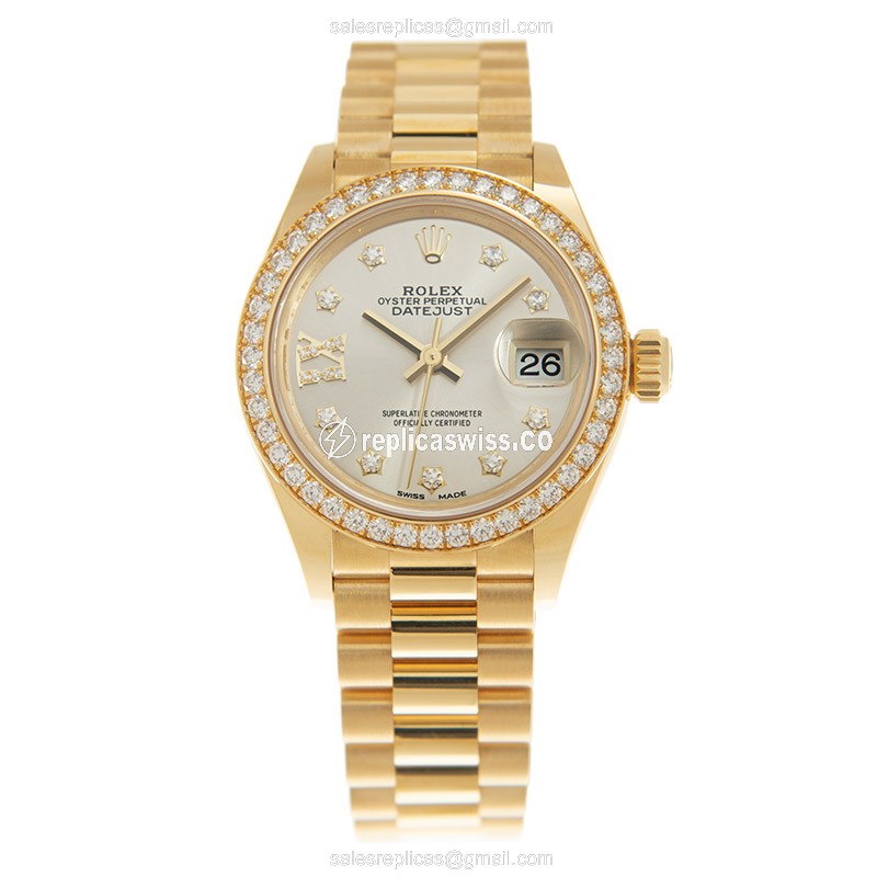 Rolex Lady Datejust Replica - Automatic - 18kt Gold Case, Diamond - Silver Dial - View 2