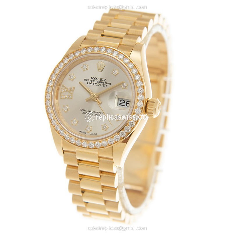 Rolex Lady Datejust Replica - Automatic - 18kt Gold Case, Diamond - Silver Dial - View 3