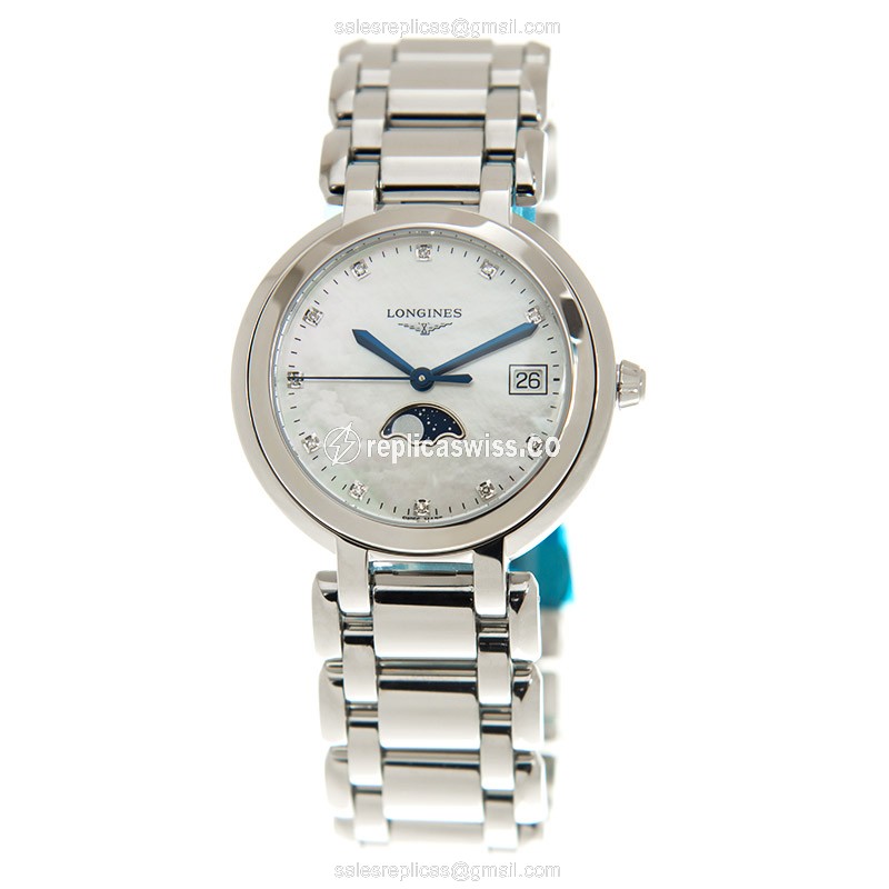 Longines Prima Luna Replica - Quartz - Stainless Steel Case - White Dial, Silver Clasp - View 2