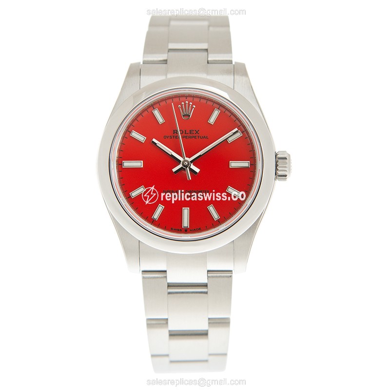 Rolex 277200-0008 OYSTER PERPETUAL Replica | Automatic | Red Dial on Silver Strap - View 2