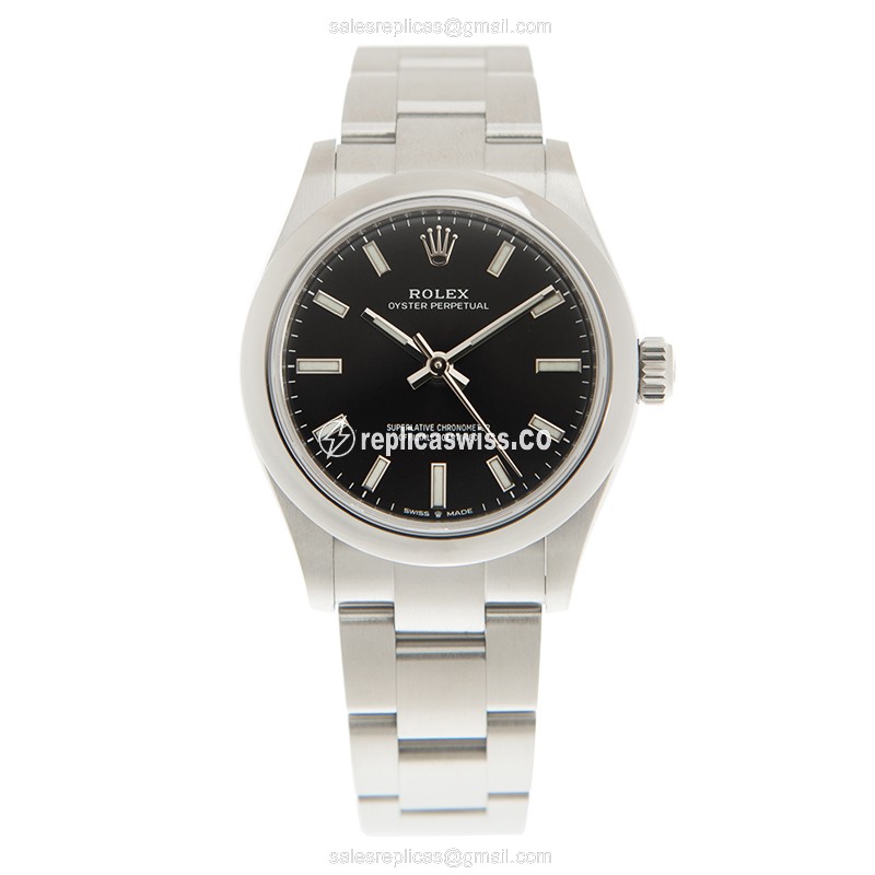 Rolex OYSTER PERPETUAL Replica - Automatic - Steel Case - Black Dial, Silver Clasp - View 2