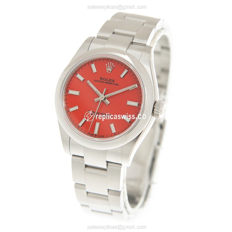 Rolex 277200-0008 OYSTER PERPETUAL Replica | Automatic | Red Dial on Silver Strap - View 3