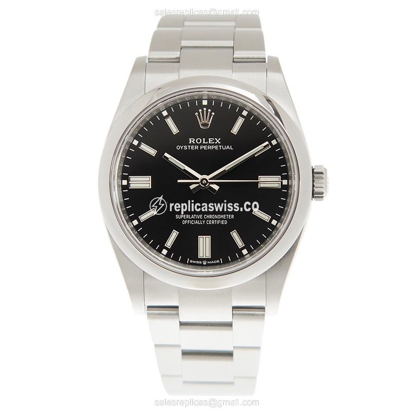 Rolex OYSTER PERPETUAL Replica - Automatic - Steel Case, Black Dial on Silver Steel Strap - View 2