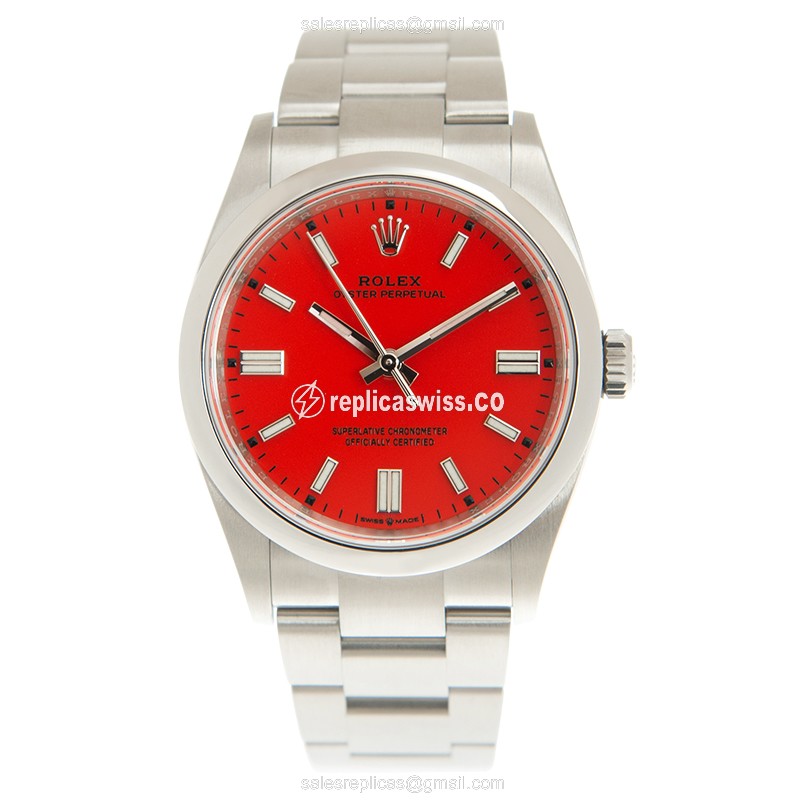 Rolex OYSTER PERPETUAL Automatic Steel - Red Dial on Silver Steel Band - View 2