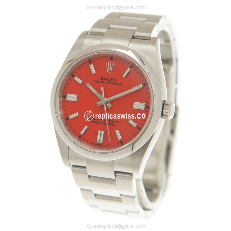 Rolex OYSTER PERPETUAL Automatic Steel - Red Dial on Silver Steel Band - View 3