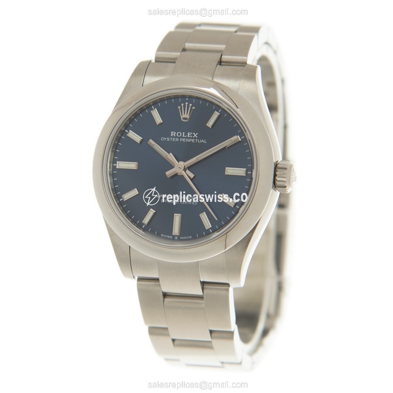 Rolex OYSTER PERPETUAL Replica - Automatic - Steel Case - Blue Dial, Silver Clasp & Steel Strap - View 3