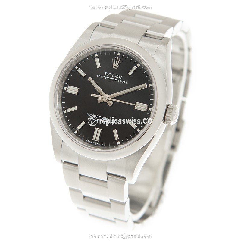 Rolex OYSTER PERPETUAL Replica - Automatic - Steel Case, Black Dial on Silver Steel Strap - View 3