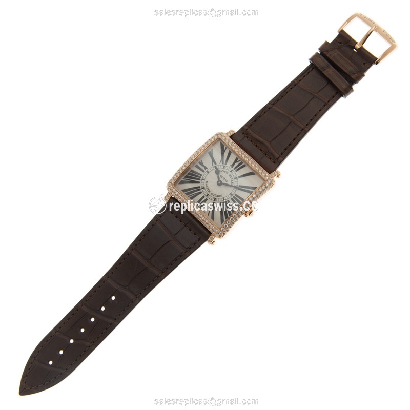 Franck Muller Master Square Replica - Quartz - 18kt Rose Gold - Diamond Dial - Brown Alligator Buckle - View 2