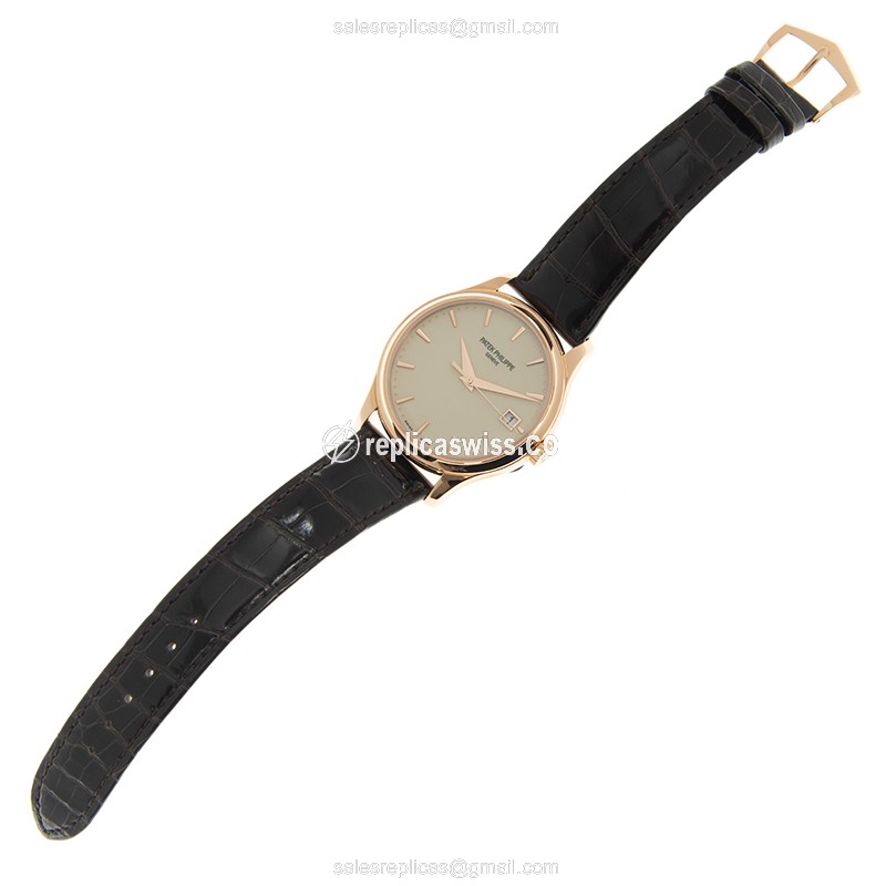 Patek Philippe Calatrava Replica - Automatic - 18kt Rose Gold - Beige Dial - Brown Alligator Strap - View 2