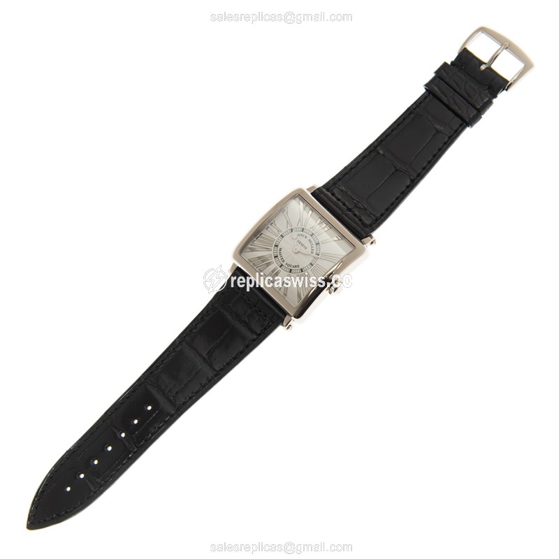 Franck Muller 6002 M QZ REL R Master Square - Quartz - 18kt White Gold - Silver Dial - Black Alligator Buckle - View 2