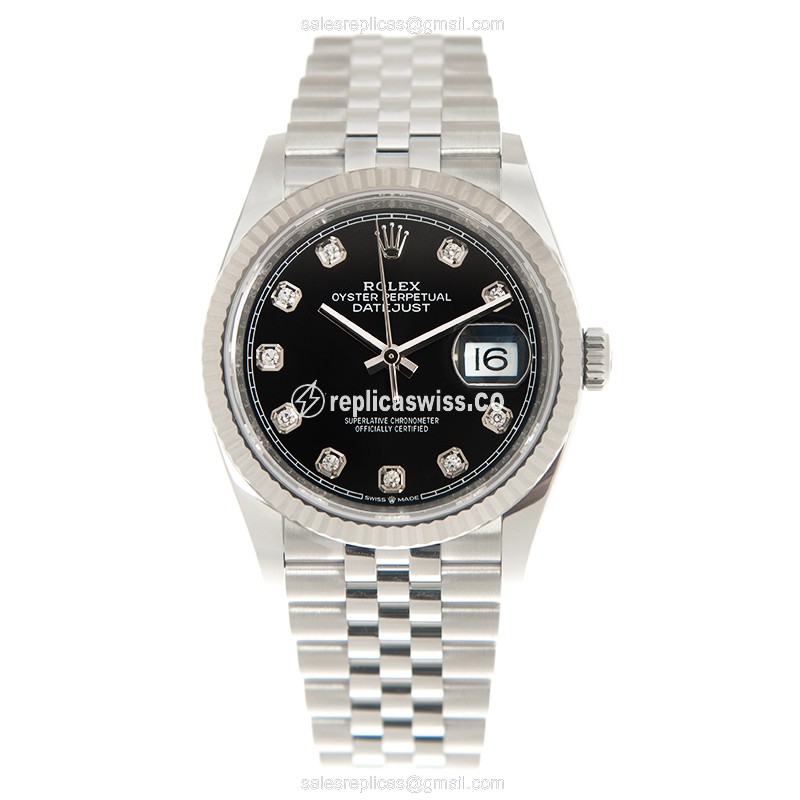 Rolex Datejust Replica - Automatic - 18kt White Gold & Steel - Black Dial on Silver Steel Strap - View 2