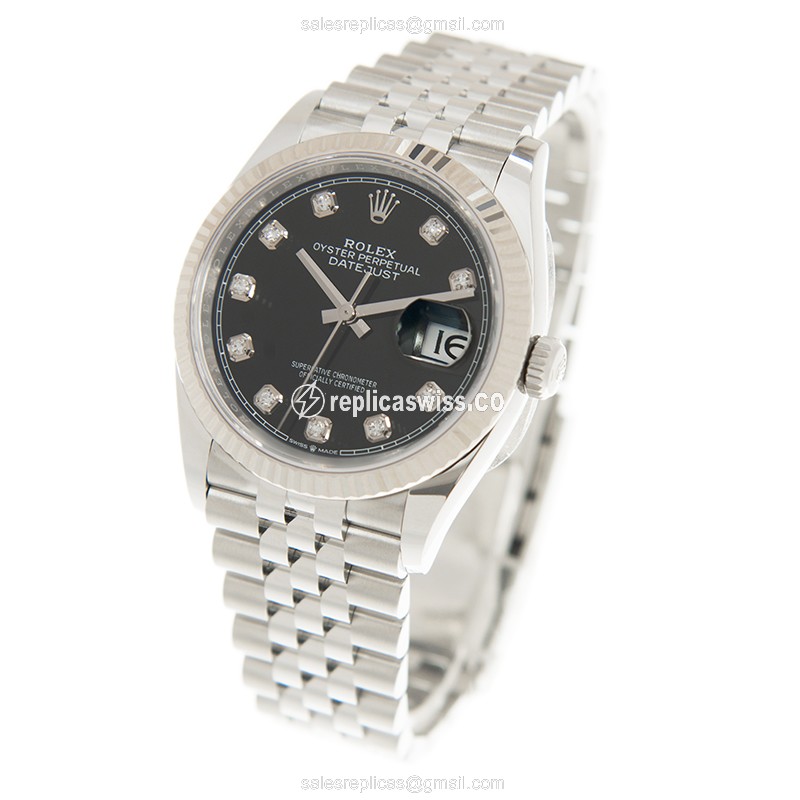 Rolex Datejust Replica - Automatic - 18kt White Gold & Steel - Black Dial on Silver Steel Strap - View 3