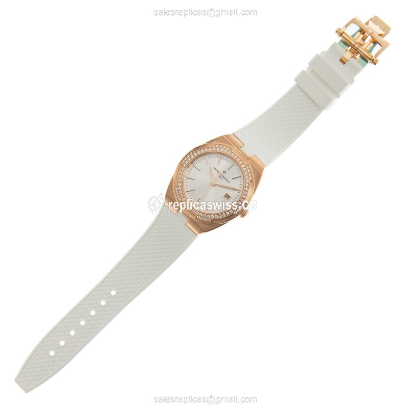 Vacheron Constantin Replica Overseas - Quartz - 18kt Rose Gold - Diamonds - Silver Dial - Leather Strap - White Buckle - View 2