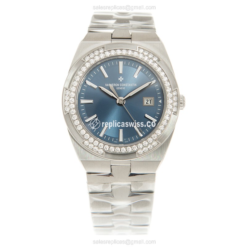 Vacheron Constantin Overseas Quartz - Blue Dial - Diamond Case - Silver Steel Bracelet - View 2