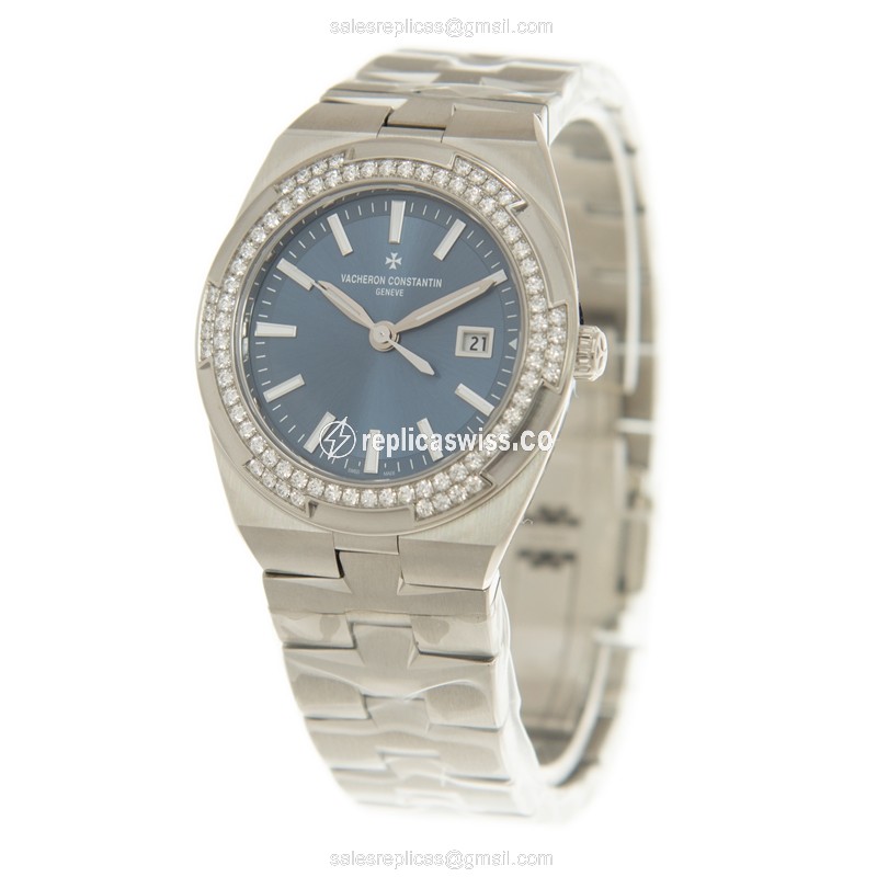 Vacheron Constantin Overseas Quartz - Blue Dial - Diamond Case - Silver Steel Bracelet - View 3