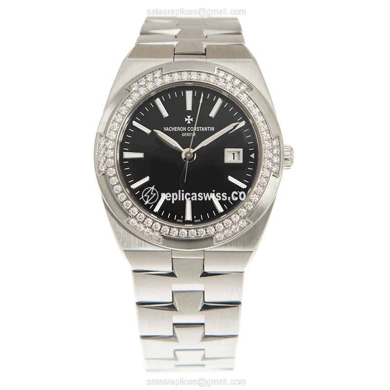 Vacheron Constantin Overseas Quartz - Diamond Dial - Black - Steel Case - Silver Strap - View 2