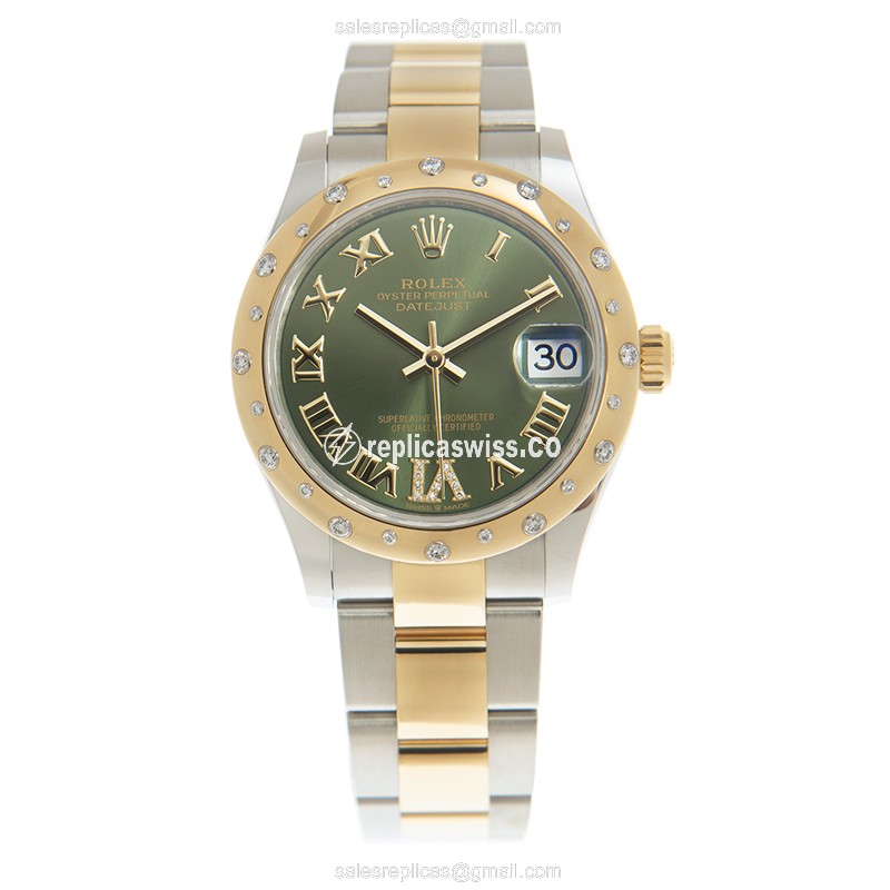 Rolex DATEJUST Replica - Automatic - 18kt Gold & Diamond - Green Dial, Steel Clasp - View 2