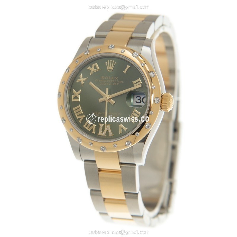 Rolex DATEJUST Replica - Automatic - 18kt Gold & Diamond - Green Dial, Steel Clasp - View 3