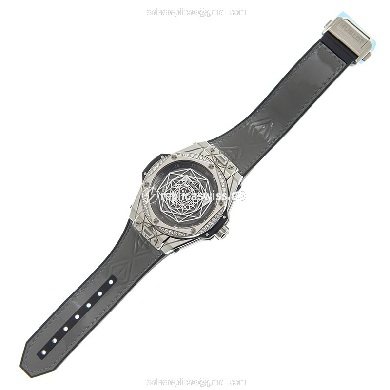 Hublot Big Bang Replica - Automatic - Stainless Steel & Diamond - Gray Dial - Grey Alligator Strap - View 2