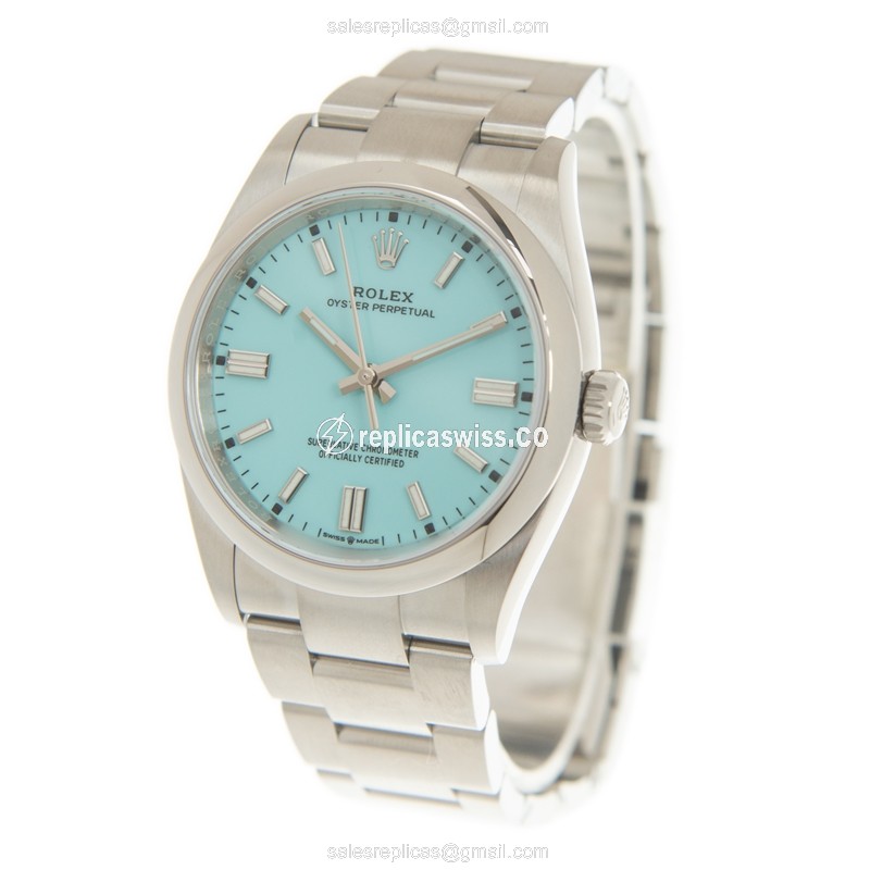Rolex OYSTER PERPETUAL Replica - Automatic - Steel Case, Blue Dial - Silver Steel Strap - View 3