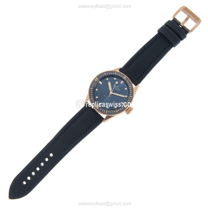 Blancpain 5000-36S40-O52A Replica - 18kt Rose Gold - Automatic - Blue Dial - Canvas Blue Strap - View 2