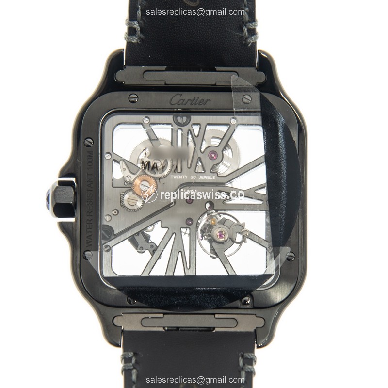 Cartier Santos Replica - Manual - Stainless Steel - Transparent - Black Leather - Clasp - View 3