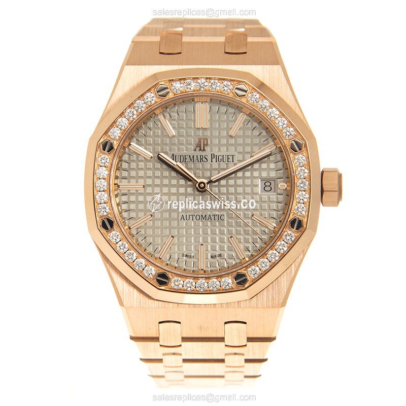 Audemars Piguet Royal Oak Replica - Automatic - 18kt Rose Gold - Diamond Case - Gray Dial - View 2