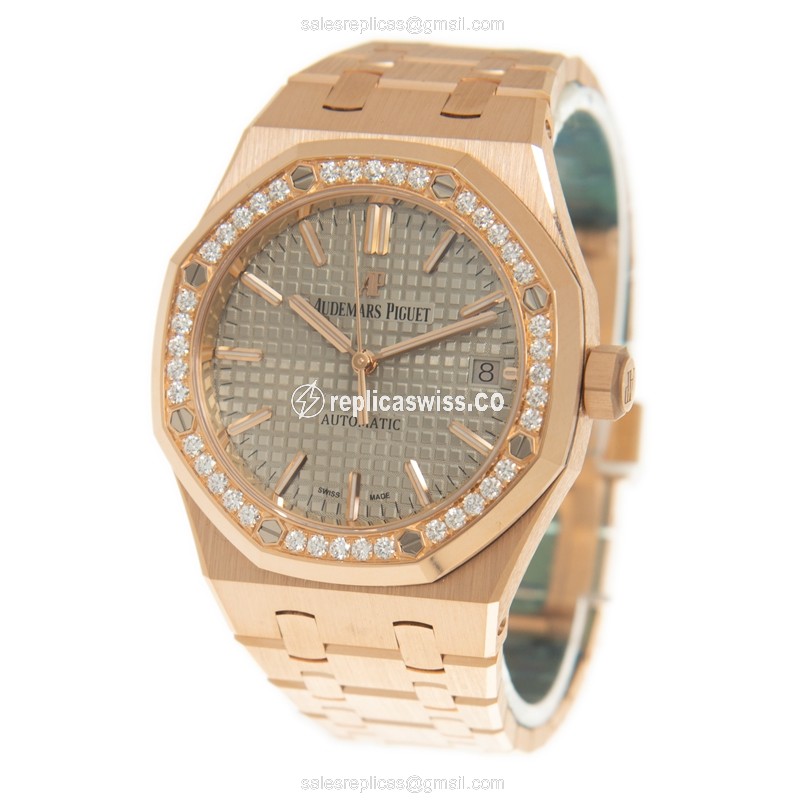 Audemars Piguet Royal Oak Replica - Automatic - 18kt Rose Gold - Diamond Case - Gray Dial - View 3