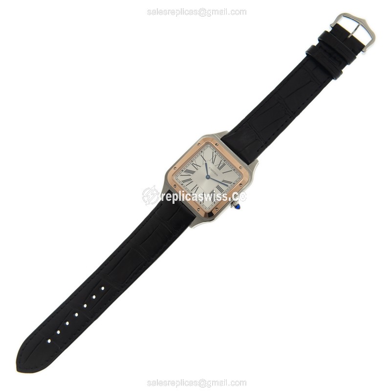 Cartier Santos Replica - Manual Wind - 18kt Rose Gold - Silver Dial - Black Alligator Strap - Buckle Clasp - View 2