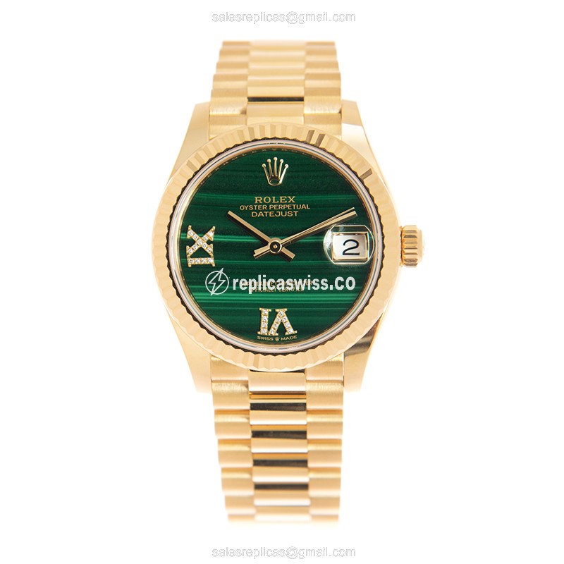 Rolex Datejust Replica - Automatic - 18kt Yellow Gold - Green Dial, Gold Clasp & Strap - View 2