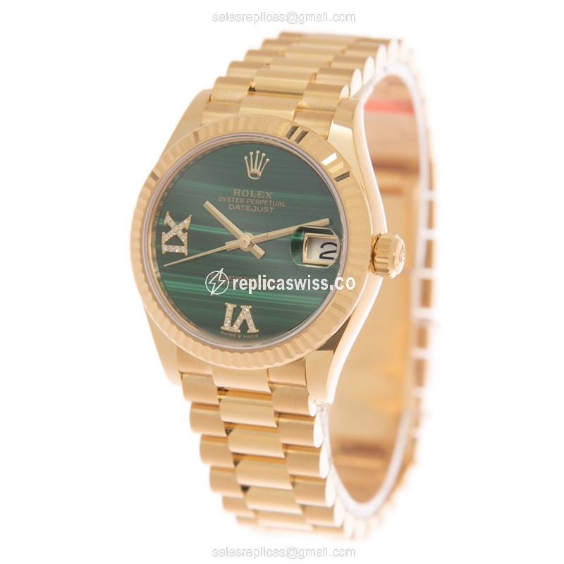 Rolex Datejust Replica - Automatic - 18kt Yellow Gold - Green Dial, Gold Clasp & Strap - View 3