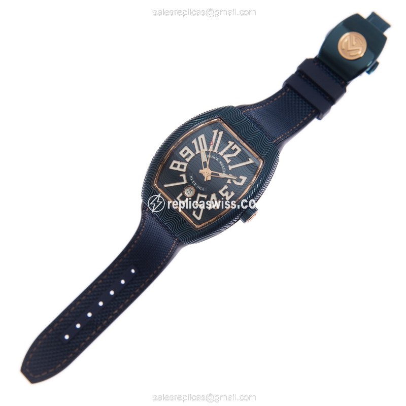 Franck Muller V 45 SC DT BLUE SEA - Automatic - 18kt Rose Gold - Blue Dial - Rubber Strap - View 2