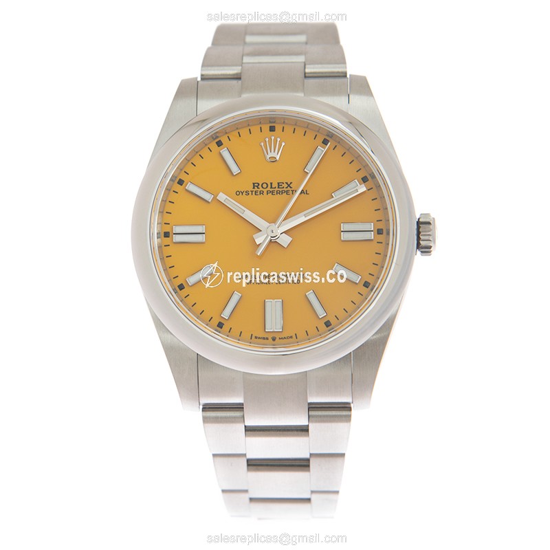 Rolex OYSTER PERPETUAL Replica - Automatic - Yellow Dial on Silver Steel Strap - View 2