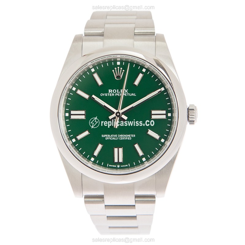 Rolex OYSTER PERPETUAL Replica - Automatic - Green Dial on Silver Steel Strap - View 2