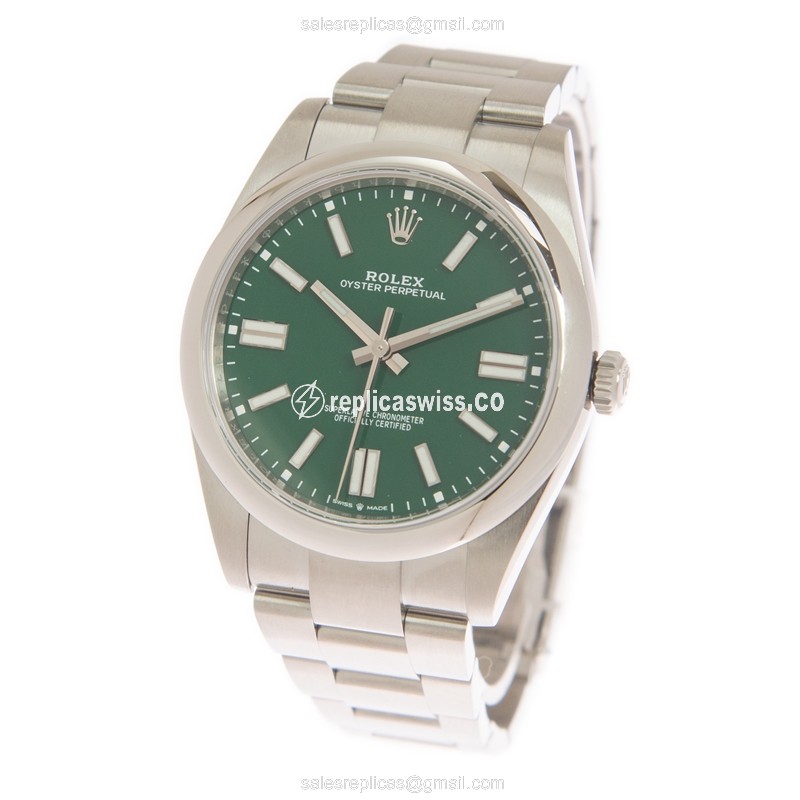 Rolex OYSTER PERPETUAL Replica - Automatic - Green Dial on Silver Steel Strap - View 3