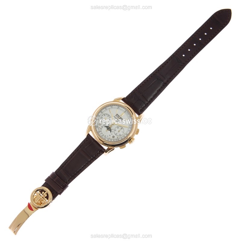 Patek Philippe 5270J-001 Replica - Manual Wind - 18kt Yellow Gold - White Dial - Alligator Brown Strap - View 2