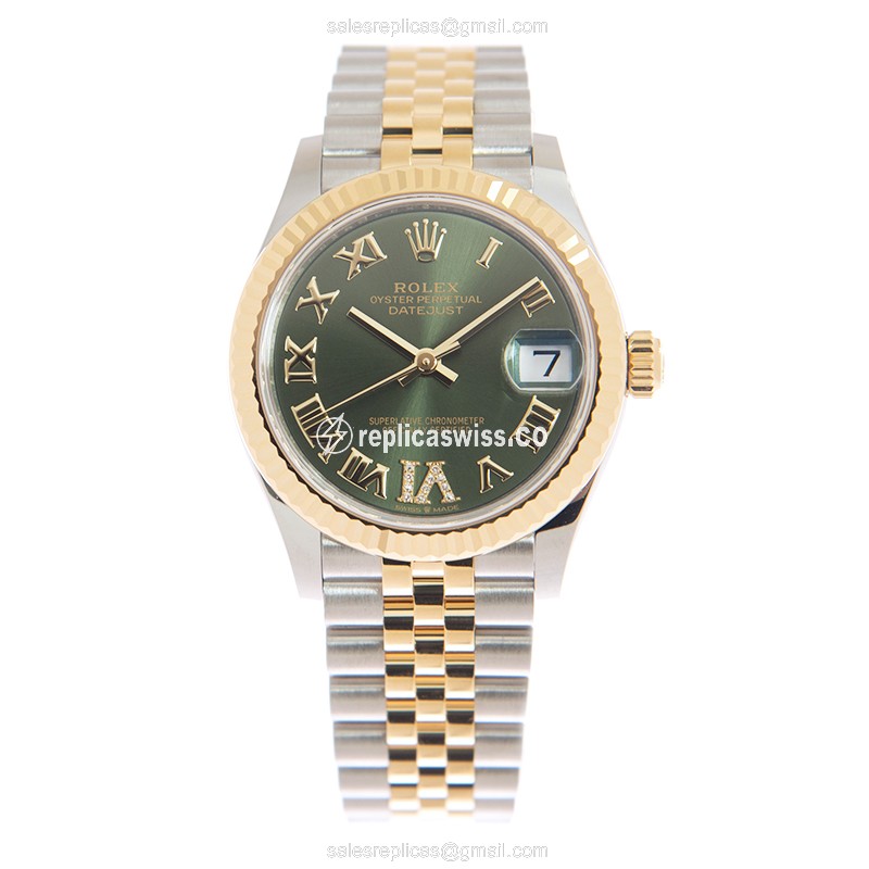 Rolex Datejust Replica - Automatic - 18kt Gold & Steel - Green Dial, Gold Clasp & Strap - View 2