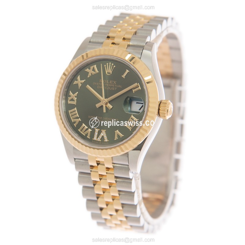 Rolex Datejust Replica - Automatic - 18kt Gold & Steel - Green Dial, Gold Clasp & Strap - View 3