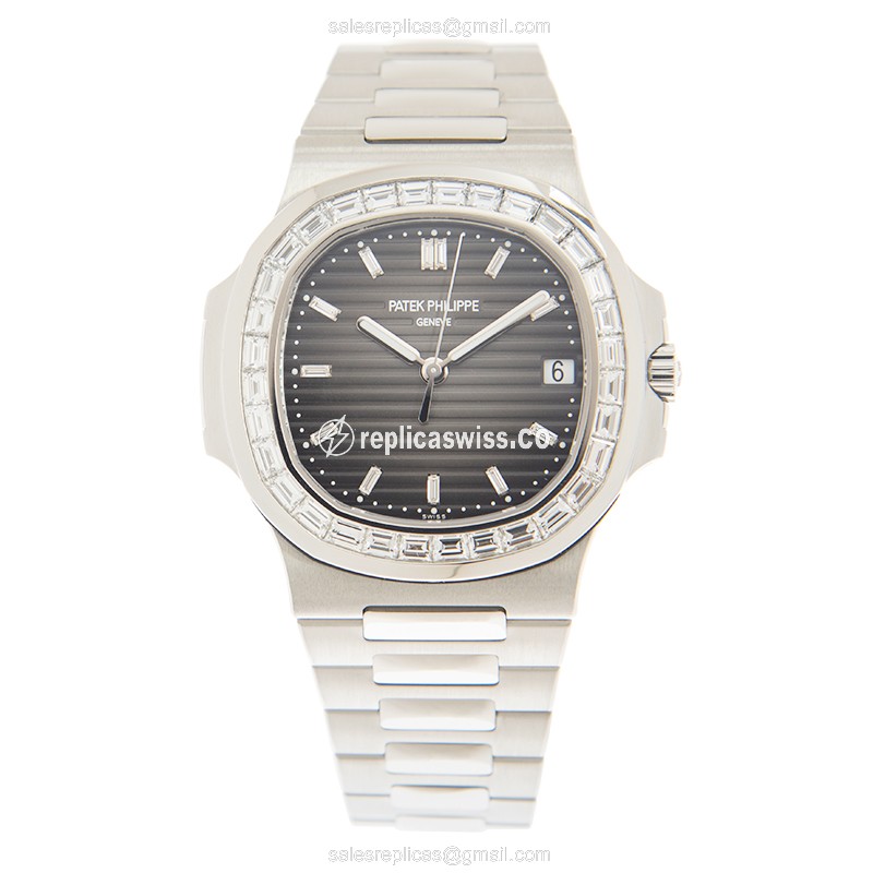 Patek Philippe 5711/110P-001 Replica - Automatic - 18kt White Gold - Diamond - Black Dial - Silver Clasp - View 2