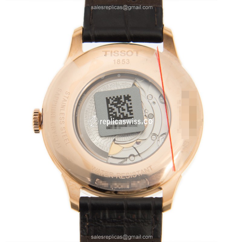 Tissot T-CLASSIC Replica - Automatic - 18kt Rose Gold - Silver Dial - Brown Leather Strap - View 3