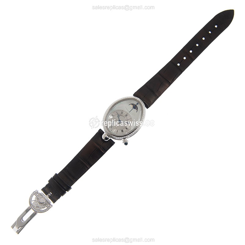 Breguet REINE DE NAPLES Replica - Automatic - 18kt White Gold - Diamond - Silver Dial - Black Alligator Strap - View 2