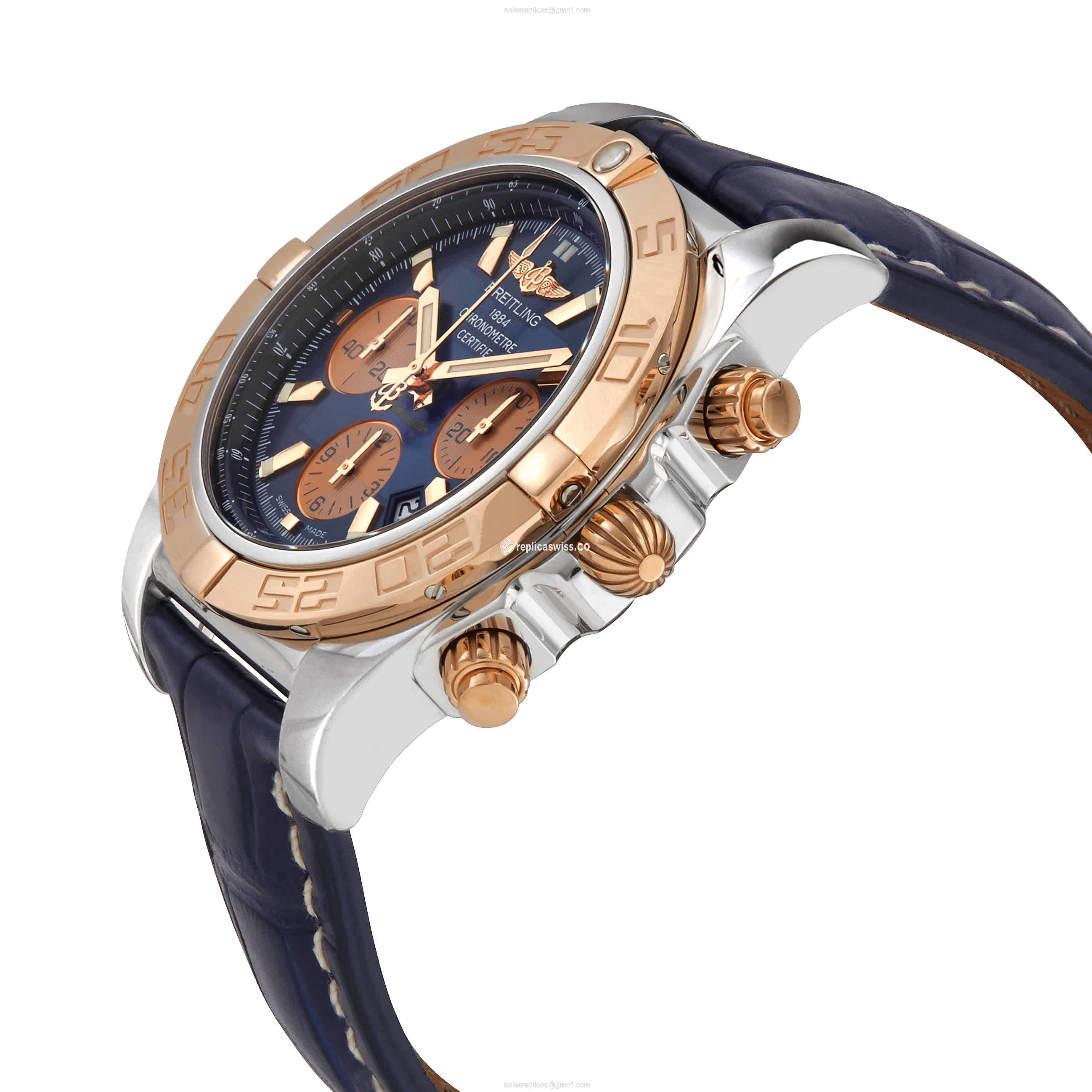 Breitling CHRONOMAT B01 Replica - Auto - Gold-Plated & Steel Case - Blue Dial, Blue Alligator Strap - View 2
