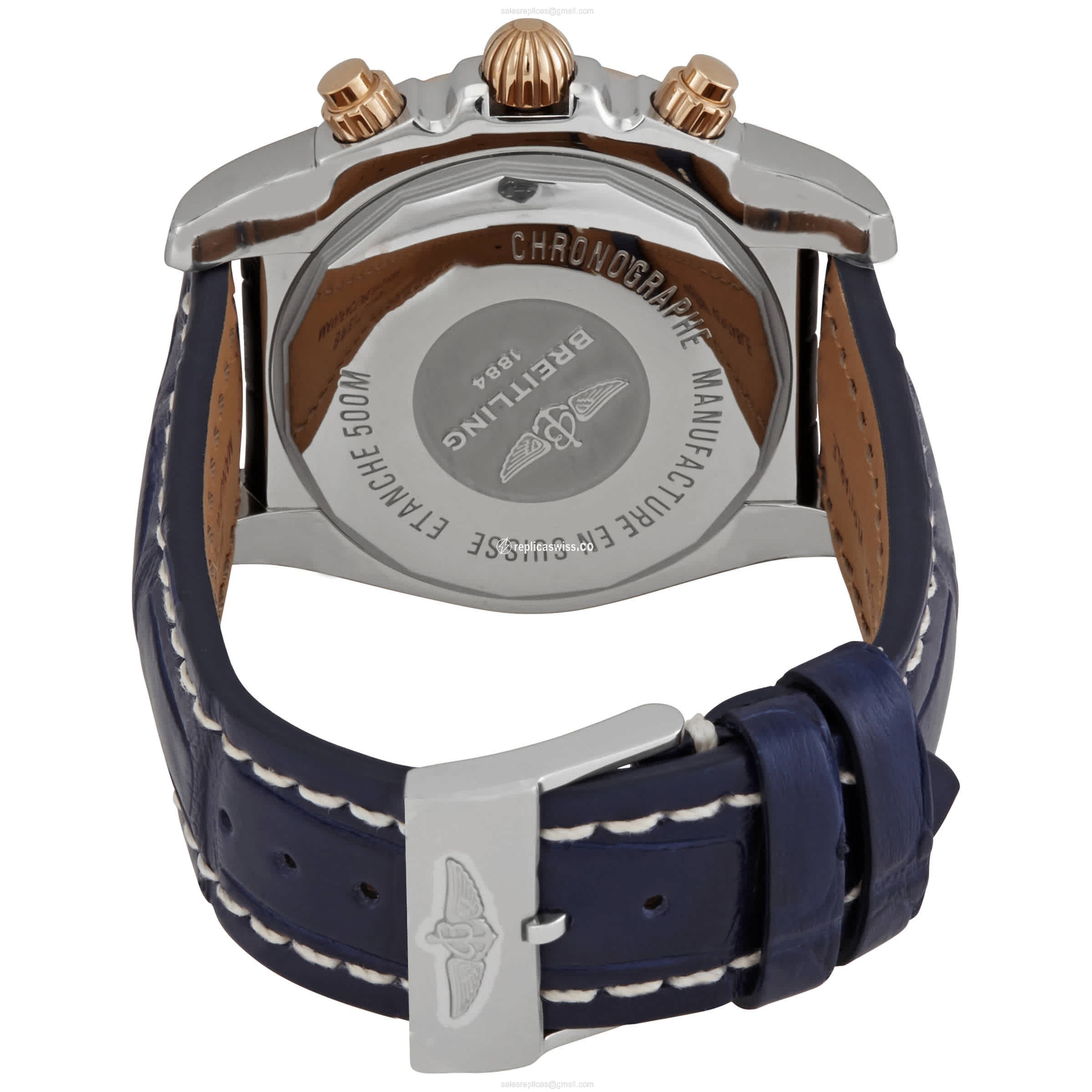 Breitling CHRONOMAT B01 Replica - Auto - Gold-Plated & Steel Case - Blue Dial, Blue Alligator Strap - View 3