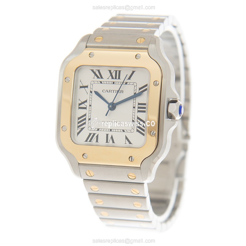 Cartier Santos Replica - Automatic - 18kt Gold & Steel - Silver Dial - 18kt Steel Strap - View 3