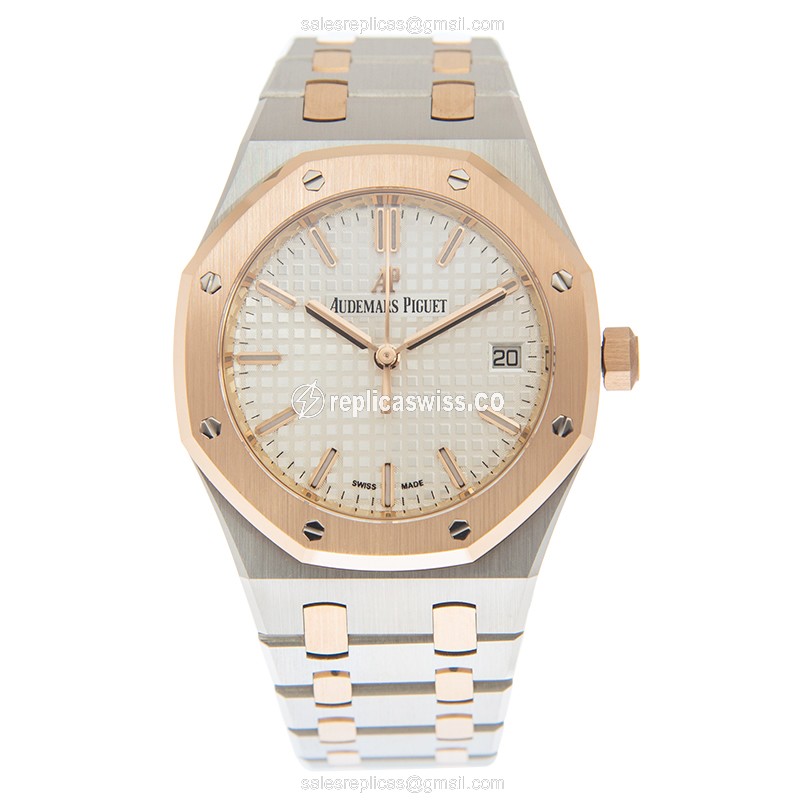 ROLEX ROYAL OAK Replica - Automatic - 18kt Rose Gold - Steel Case - Silver Dial - Gold Strap - View 2